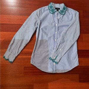J.Crew Blue White Stripe Button Down Shirt Embroidered Collar Cuffs Size 0